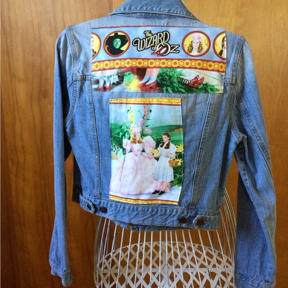 Upcycled denim jacket  decorated with vintage wizard of oz fabric - Picture 2 of 7